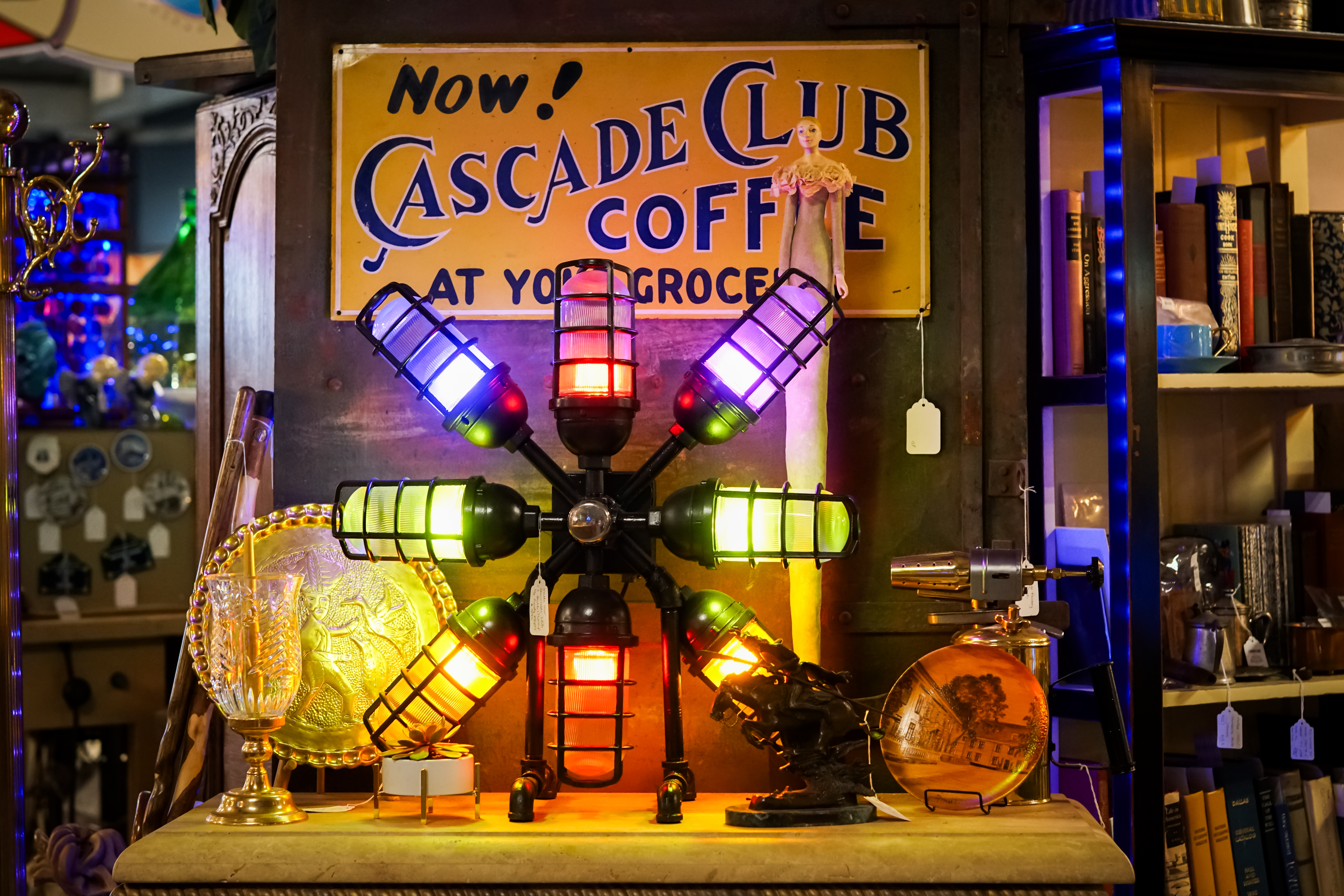 Industrial Lamp and Vintage Advertising Sign Custom industrial lamp with vintage Cascade Club Coffee advertising sign, Industrial Treasures St. Charles IL